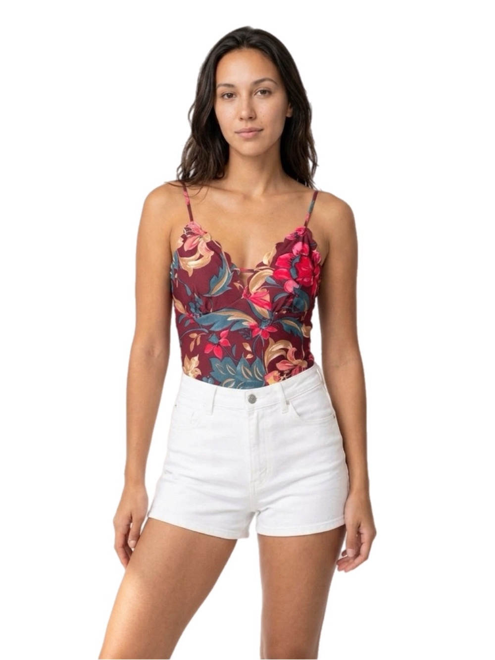 Burgundy Floral V-Neck Spaghetti Strap Bodysuit 2XL Summer
